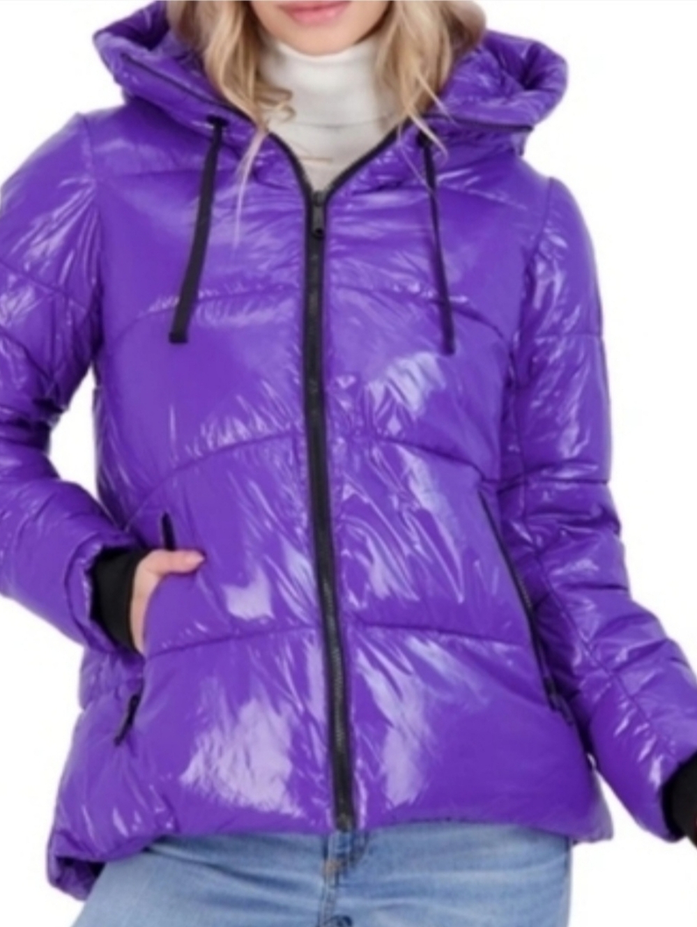 Womens MEDIUM Hooded Puffer Jacket - Shiny Purple